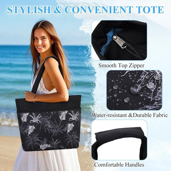 Women Black Coconut Tree Large Lightweight Zipper Travel Tote Separation Bag - Picture 6 of 7